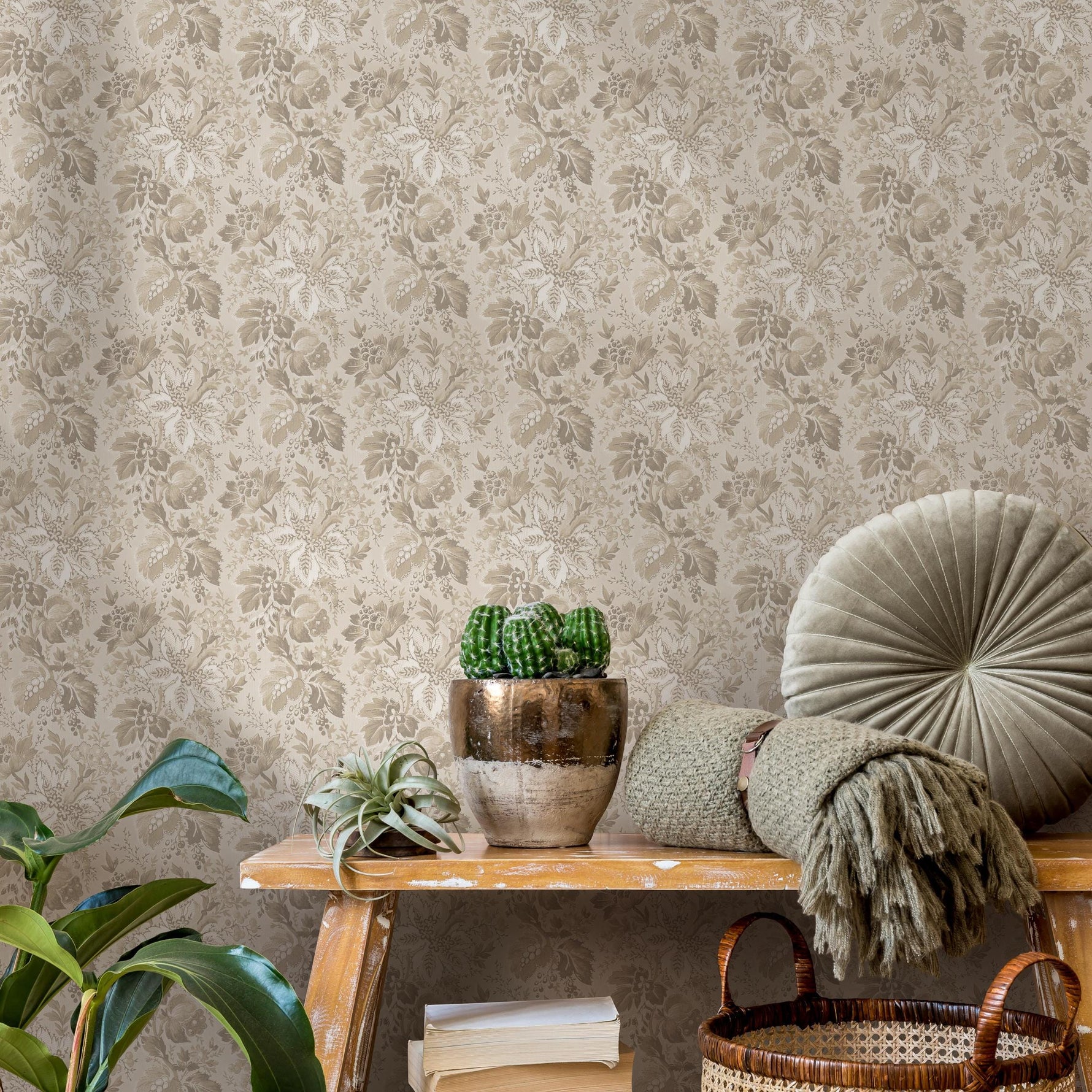 Damask Wallpaper with a Vintage Botanical Motif in Beige and Taupe - E133 C