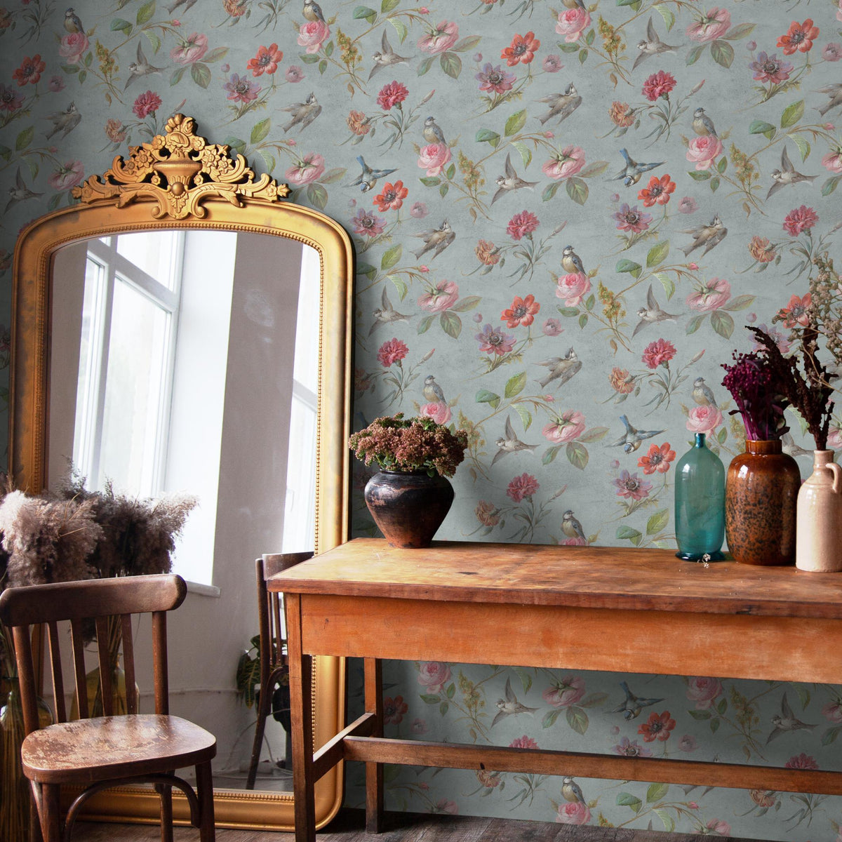 Botanical Wallpaper with Vintage Birds and Flowers in Blue, Pink, and Red - E135 A