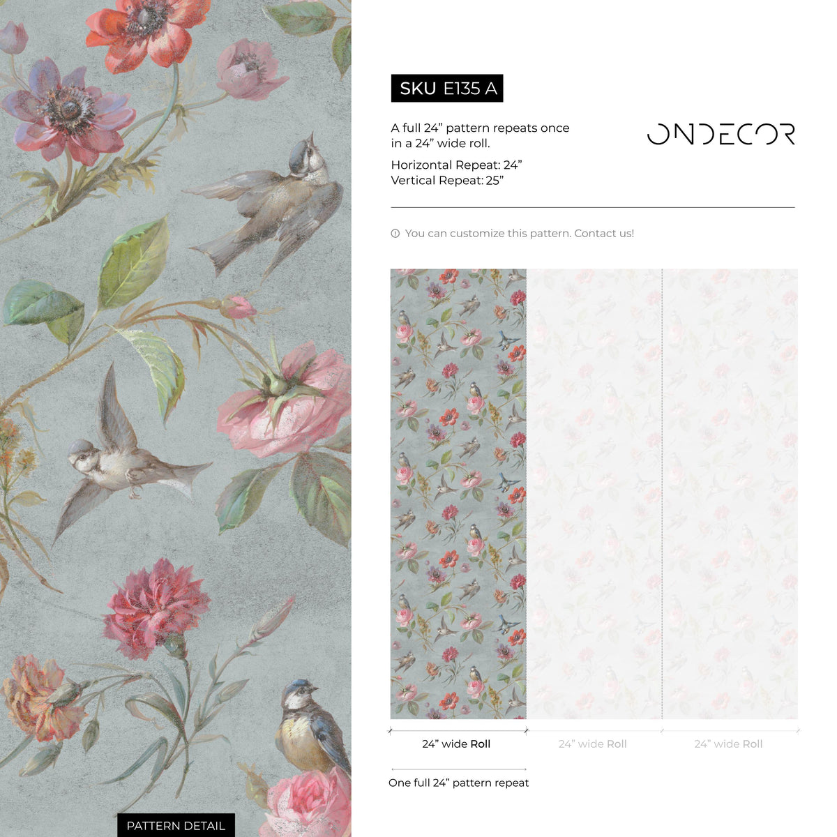 Botanical Wallpaper with Vintage Birds and Flowers in Blue, Pink, and Red - E135 A