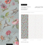 Botanical Wallpaper with Vintage Birds and Flowers in Blue, Pink, and Red - E135 A