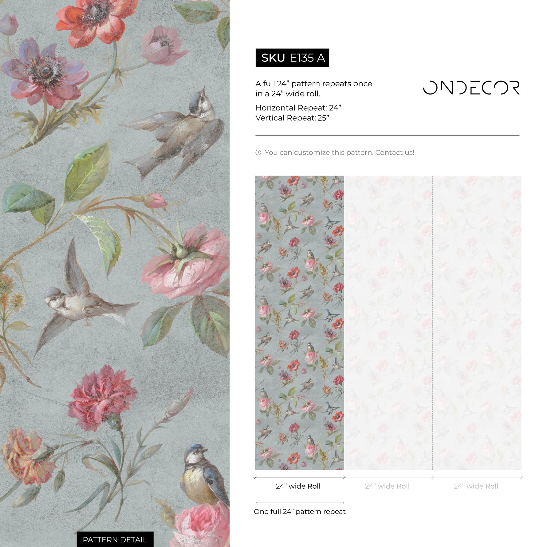 Botanical Wallpaper with Vintage Birds and Flowers in Blue, Pink, and Red - E135 A