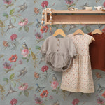 Botanical Wallpaper with Vintage Birds and Flowers in Blue, Pink, and Red - E135 A