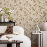 Vintage Wallpaper with a Bird and Floral Motif in Beige and Brown - E135 B
