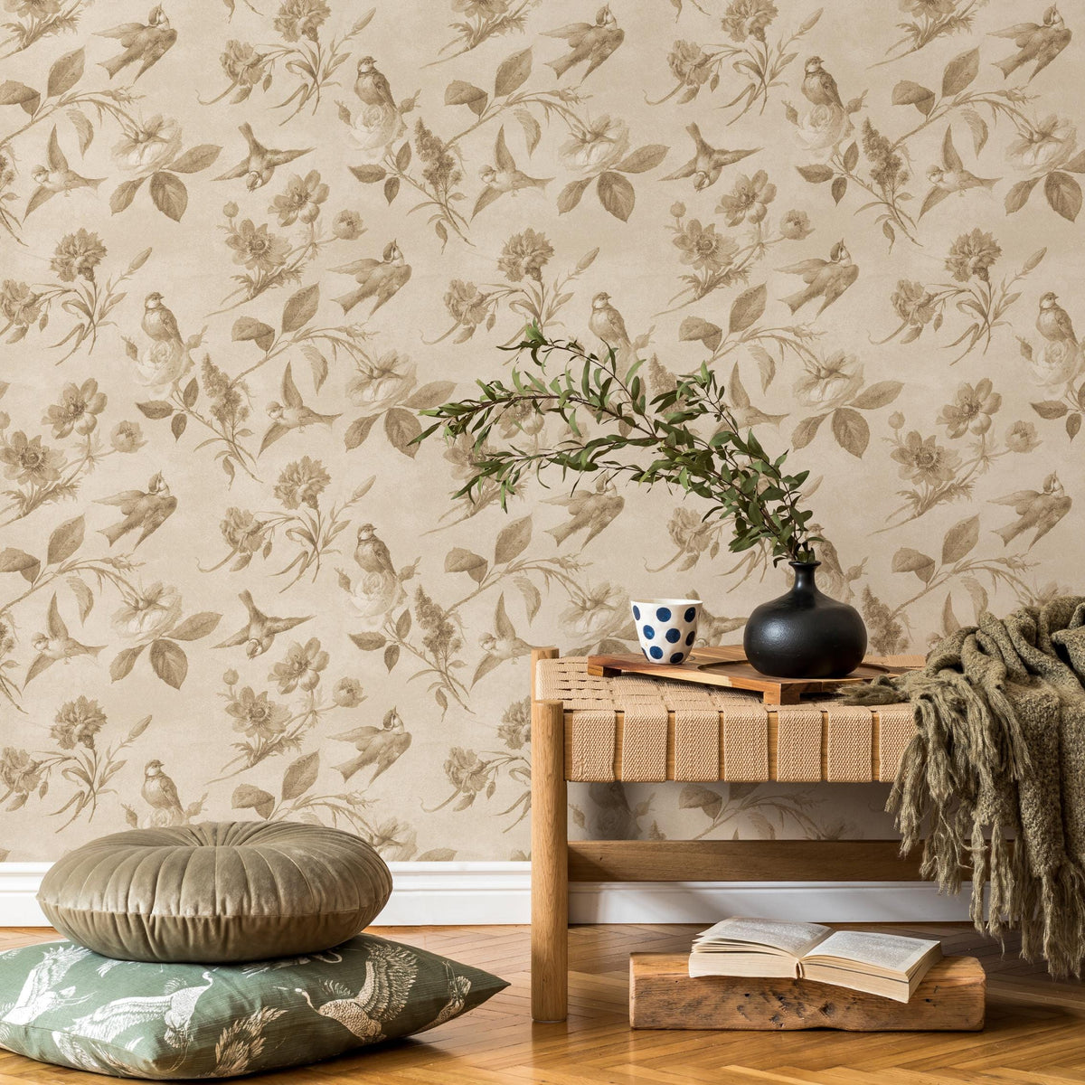 Vintage Wallpaper with a Bird and Floral Motif in Beige and Brown - E135 B