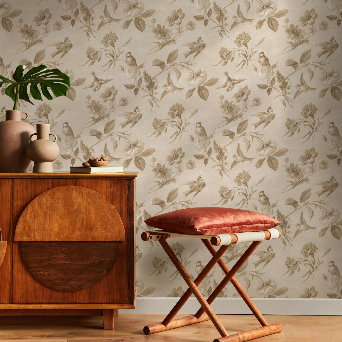Vintage Wallpaper with a Bird and Floral Motif in Beige and Brown - E135 B