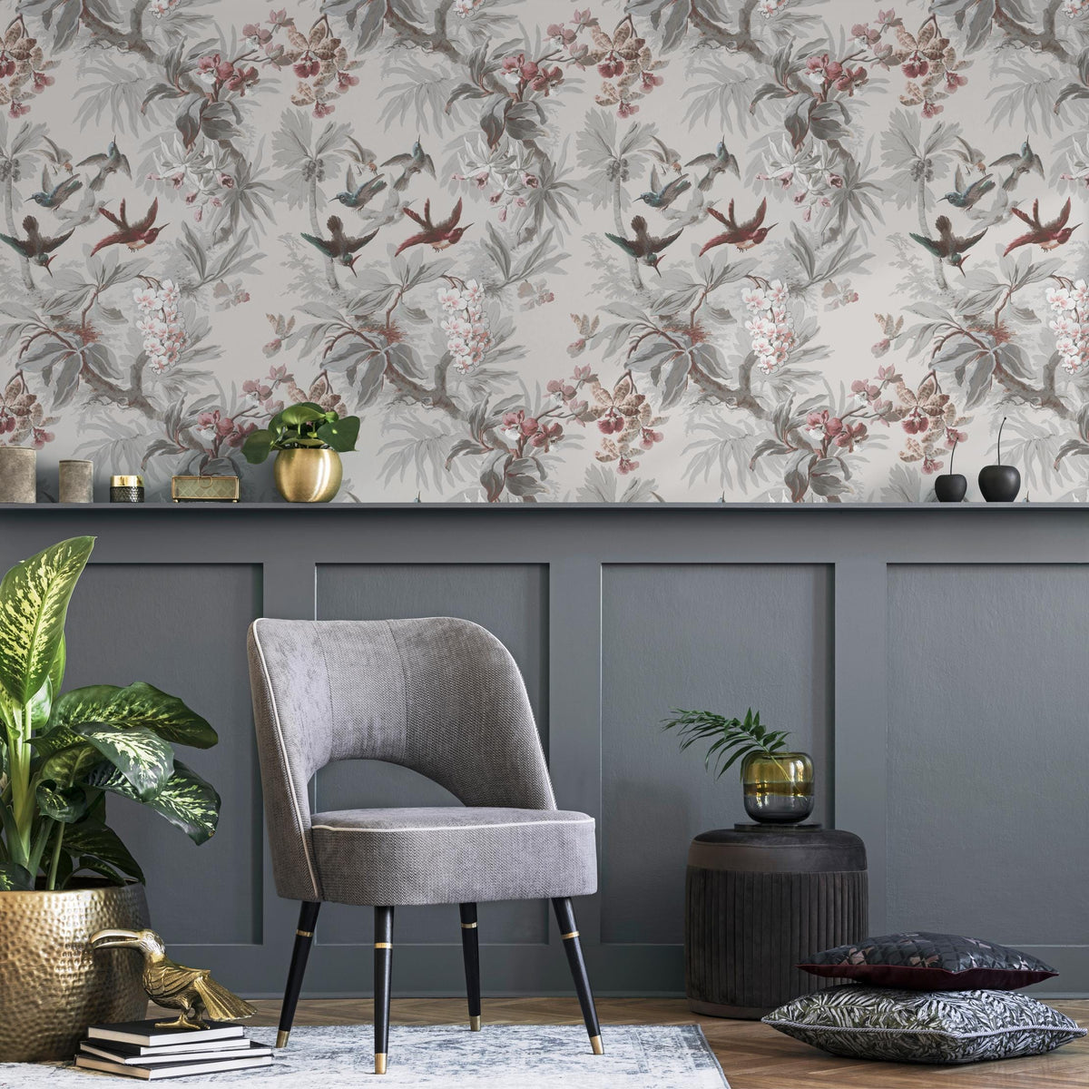 Botanical Wallpaper with Hummingbirds and Tropical Blooms in Gray and Pink - E137 B