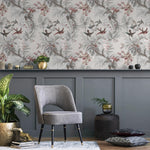 Botanical Wallpaper with Hummingbirds and Tropical Blooms in Gray and Pink - E137 B