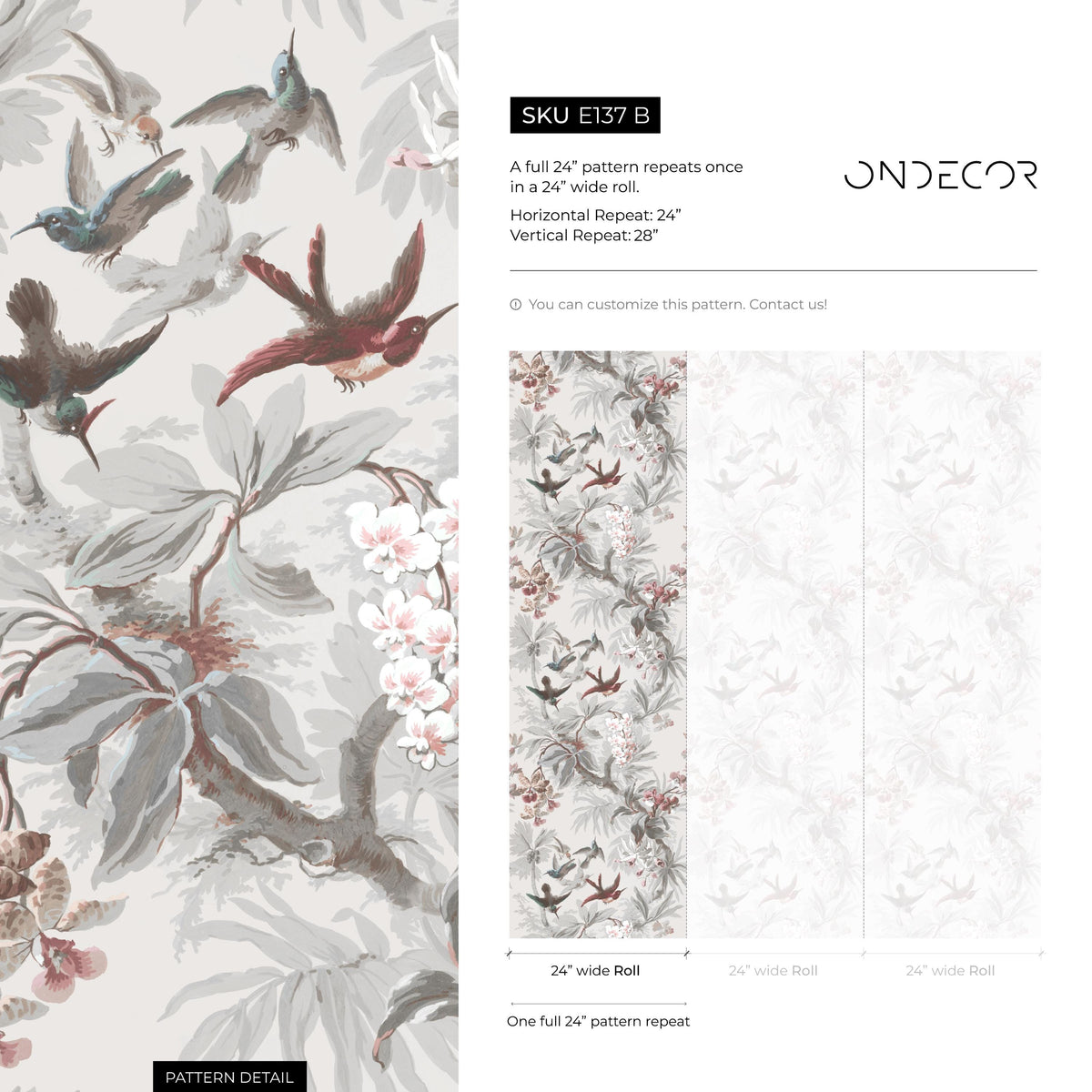 Botanical Wallpaper with Hummingbirds and Tropical Blooms in Gray and Pink - E137 B