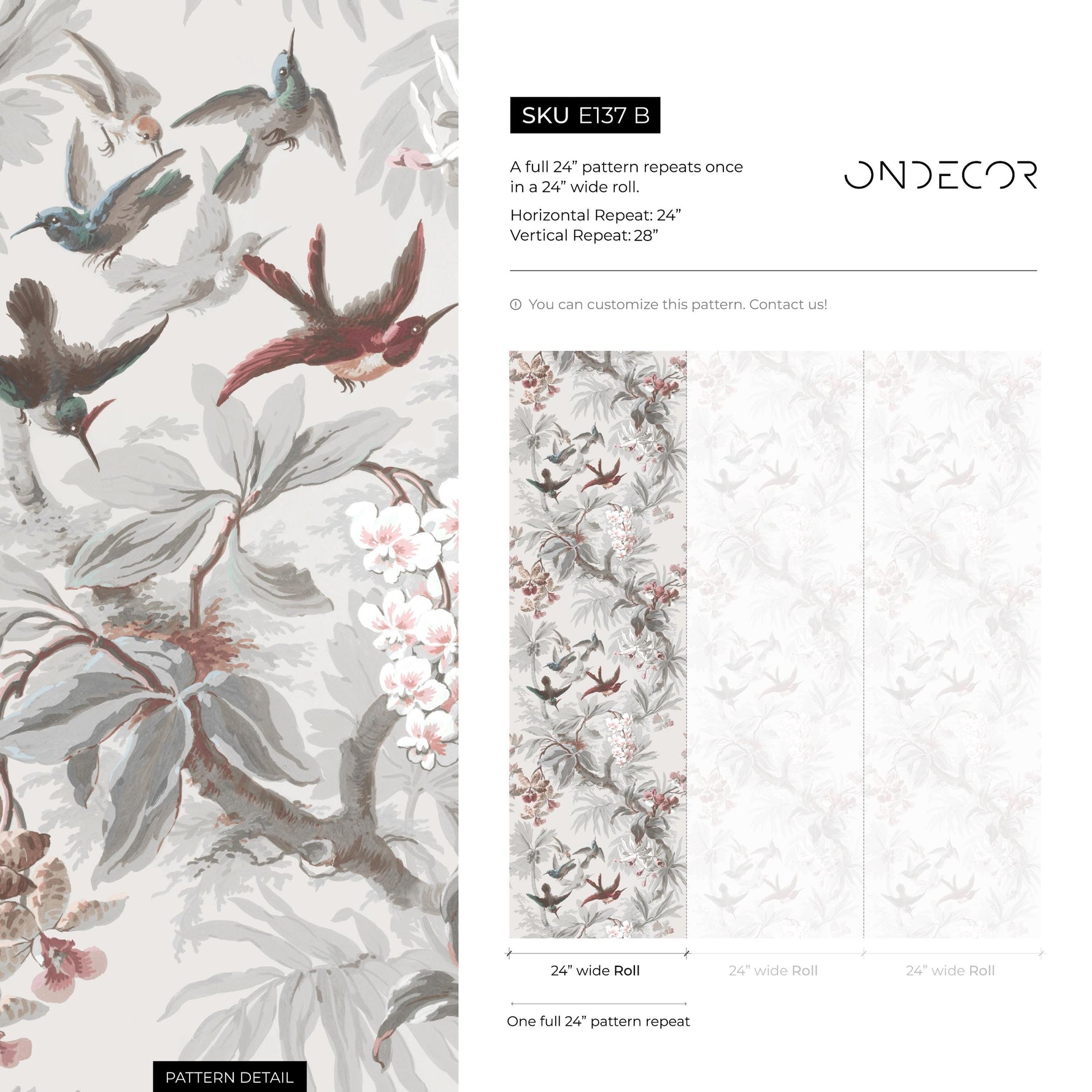 Botanical Wallpaper with Hummingbirds and Tropical Blooms in Gray and Pink - E137 B