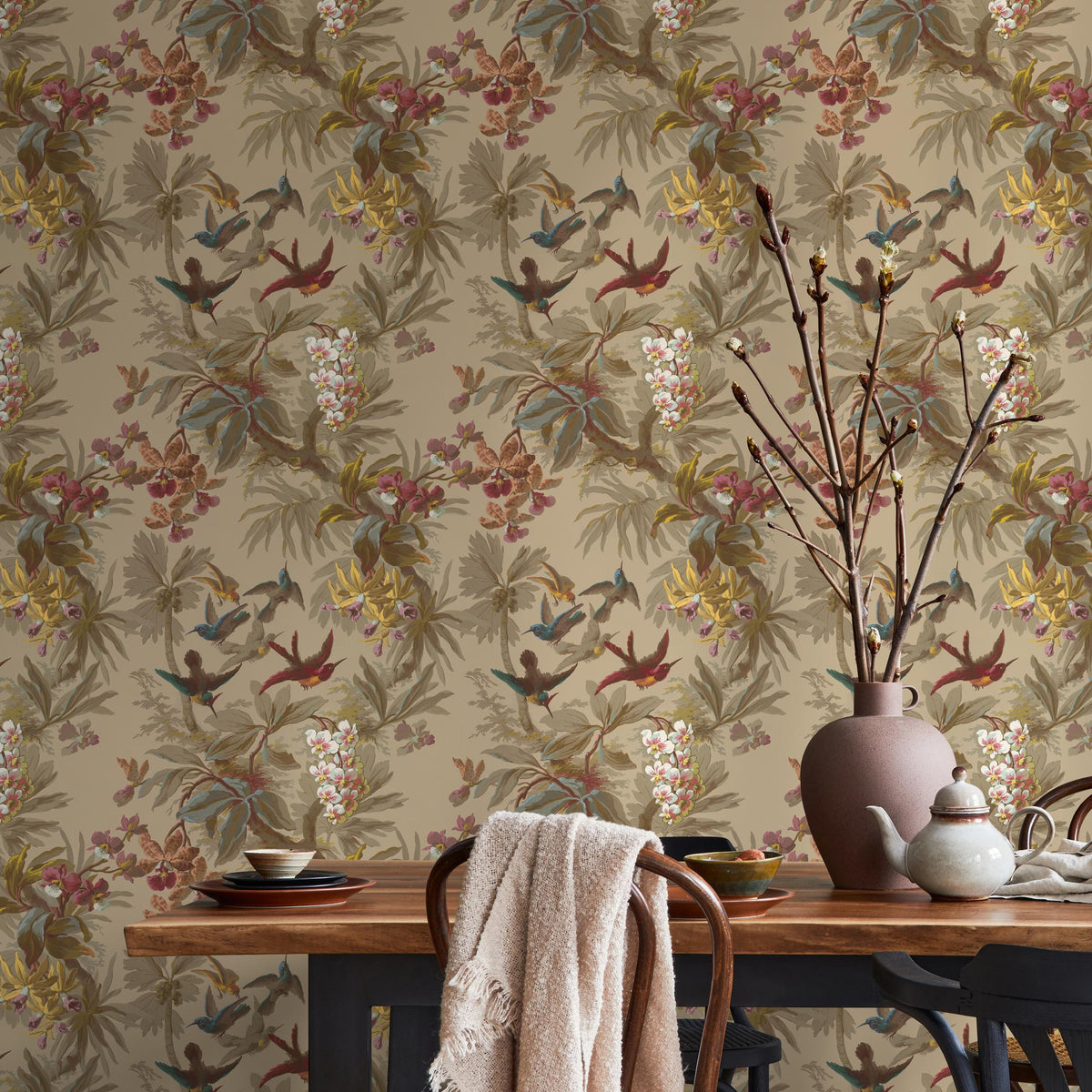 Botanical Wallpaper with Hummingbirds and Tropical Flowers in Red, Blue, and Yellow - E137 A