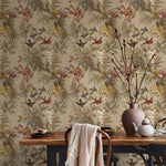 Botanical Wallpaper with Hummingbirds and Tropical Flowers in Red, Blue, and Yellow - E137 A