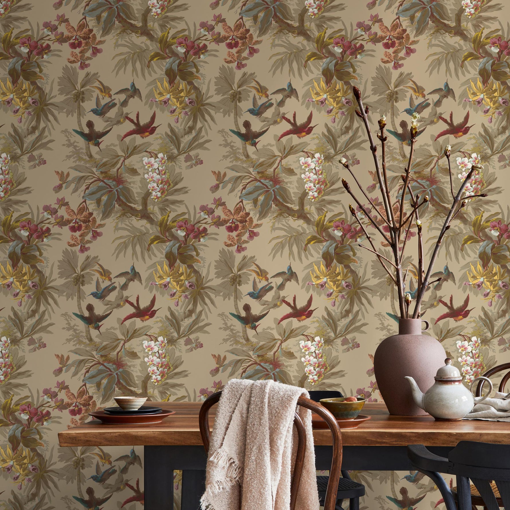 Botanical Wallpaper with Hummingbirds and Tropical Flowers in Red, Blue, and Yellow - E137 A
