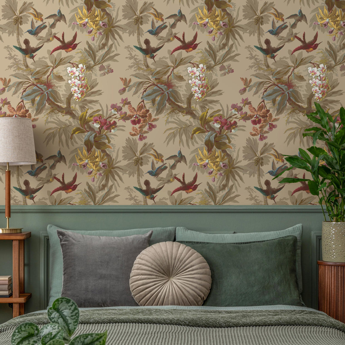 Botanical Wallpaper with Hummingbirds and Tropical Flowers in Red, Blue, and Yellow - E137 A