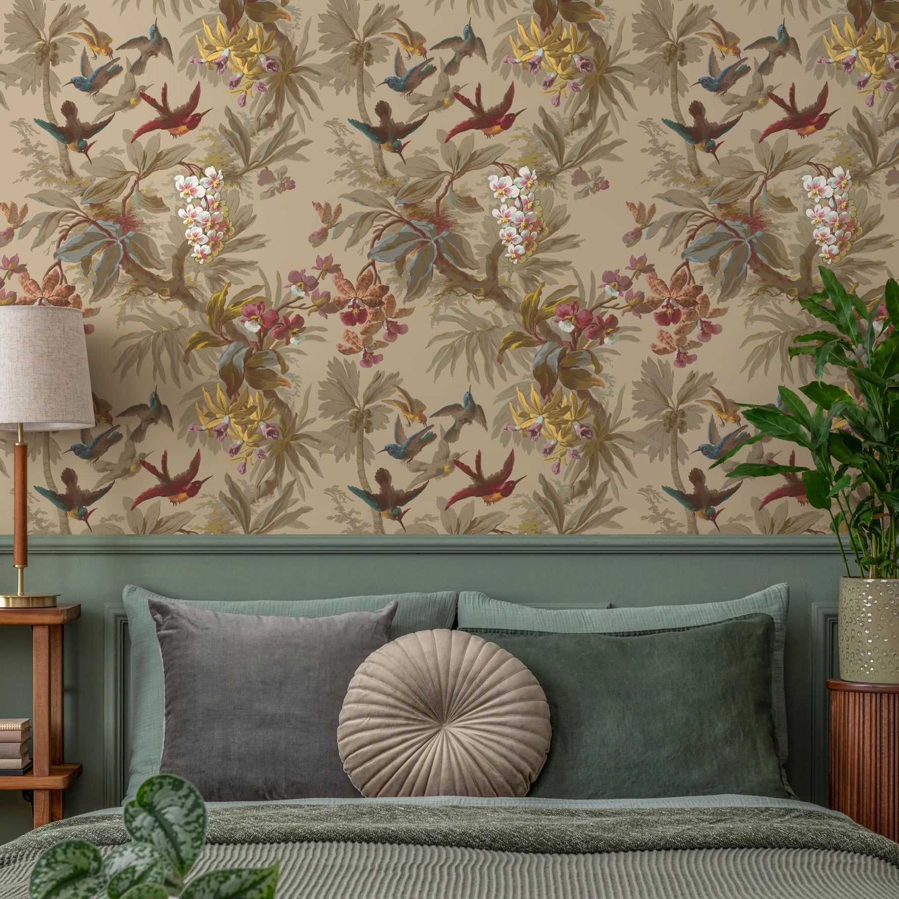 Botanical Wallpaper with Hummingbirds and Tropical Flowers in Red, Blue, and Yellow - E137 A