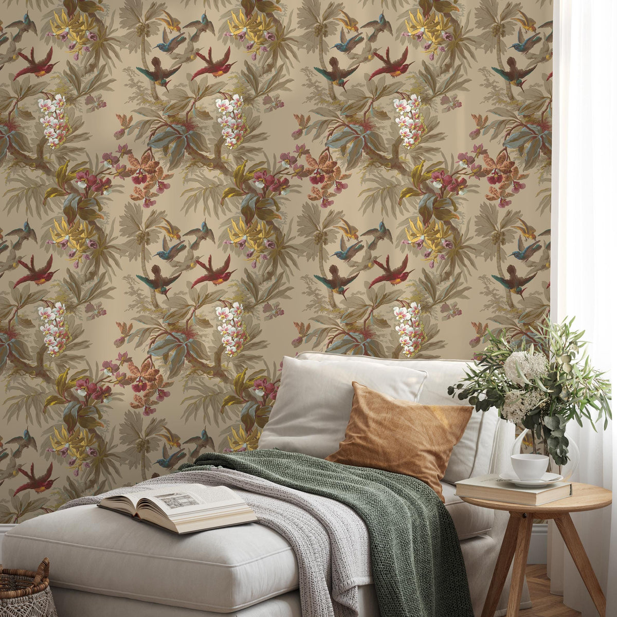 Botanical Wallpaper with Hummingbirds and Tropical Flowers in Red, Blue, and Yellow - E137 A