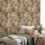 Botanical Wallpaper with Hummingbirds and Tropical Flowers in Red, Blue, and Yellow - E137 A