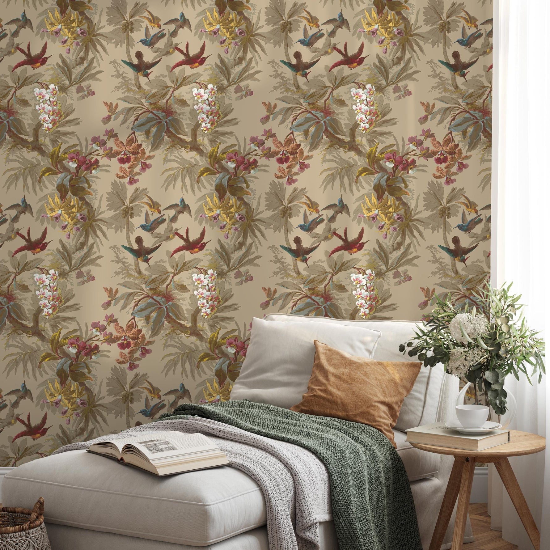 Botanical Wallpaper with Hummingbirds and Tropical Flowers in Red, Blue, and Yellow - E137 A