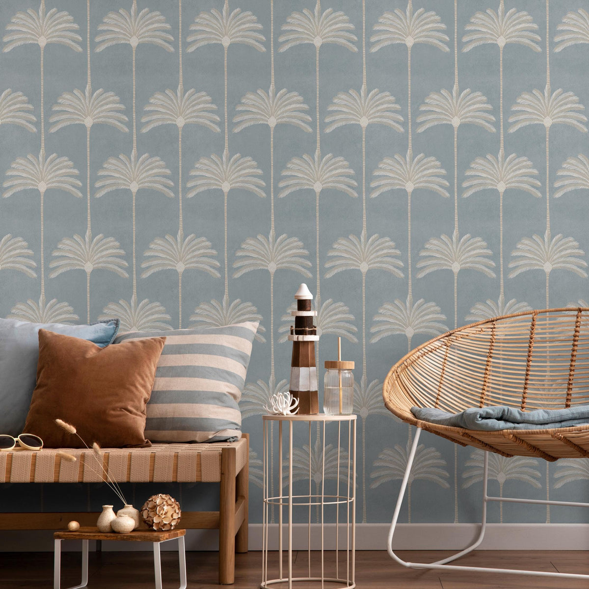 Tropical Wallpaper with Stylized Palm Trees in Blue and Beige - E141 A