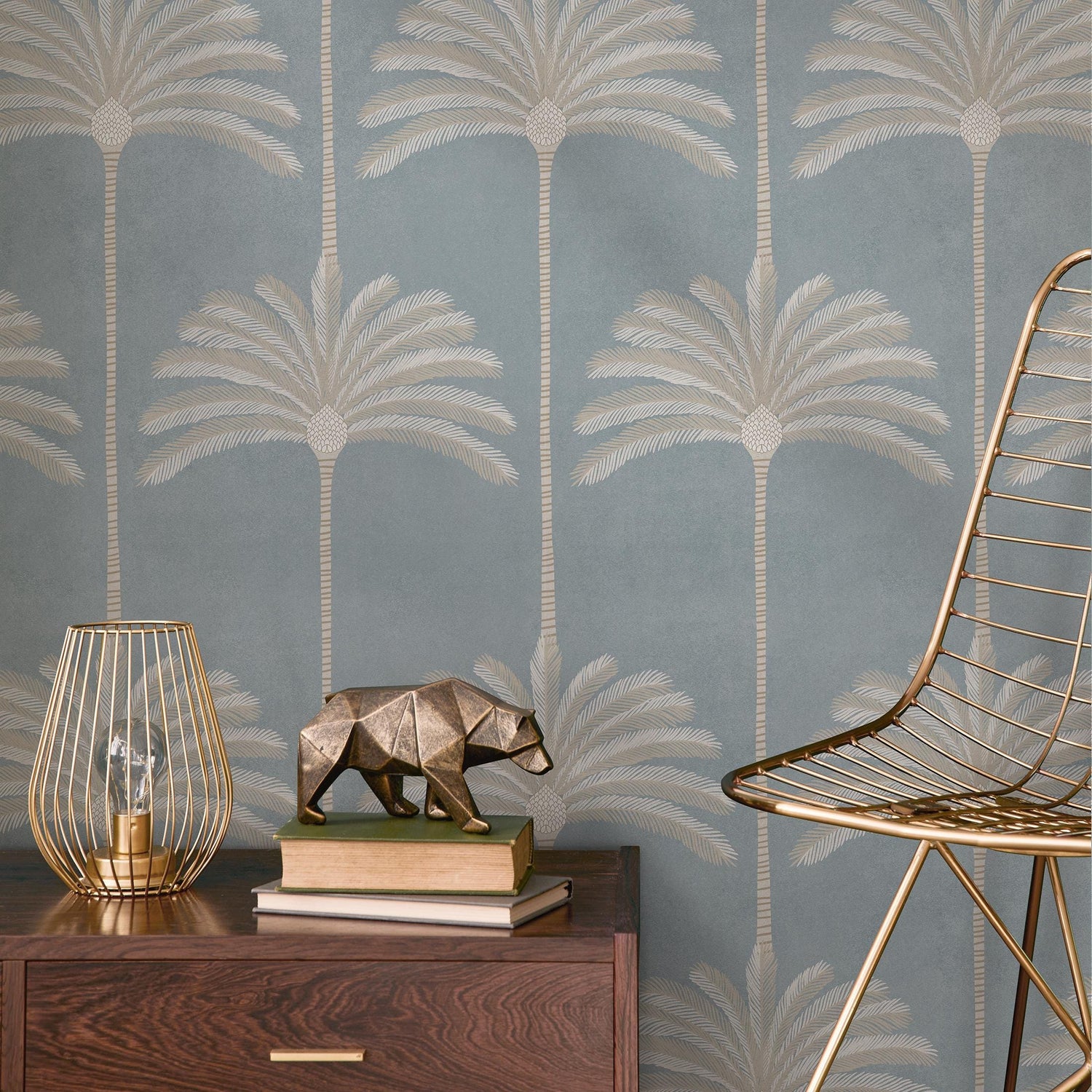 Tropical Wallpaper with Stylized Palm Trees in Blue and Beige - E141 A