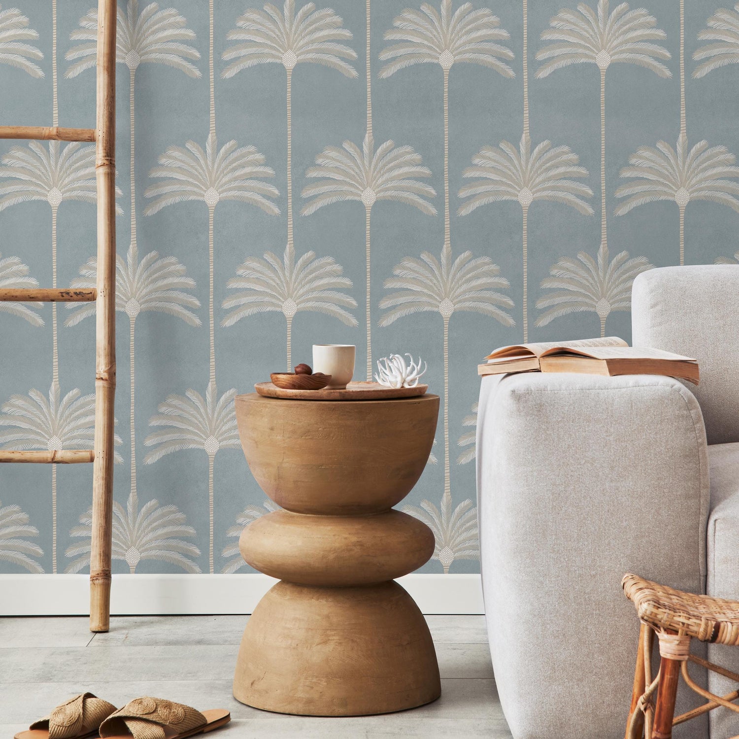 Tropical Wallpaper with Stylized Palm Trees in Blue and Beige - E141 A