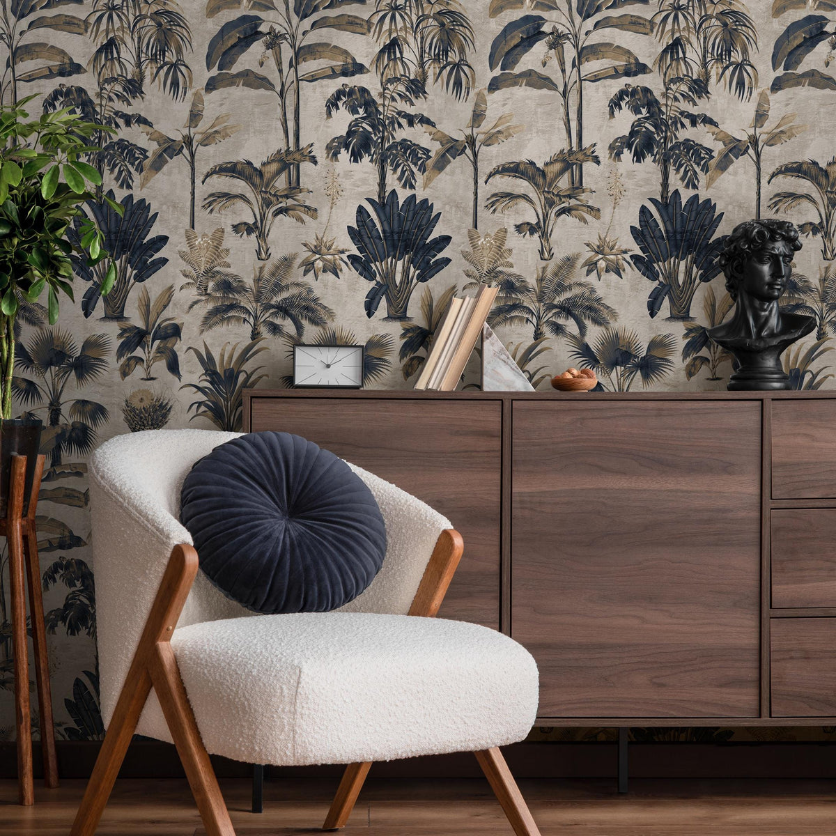 Botanical Wallpaper with Vintage Palm Trees in Navy Blue and Beige - E139 B