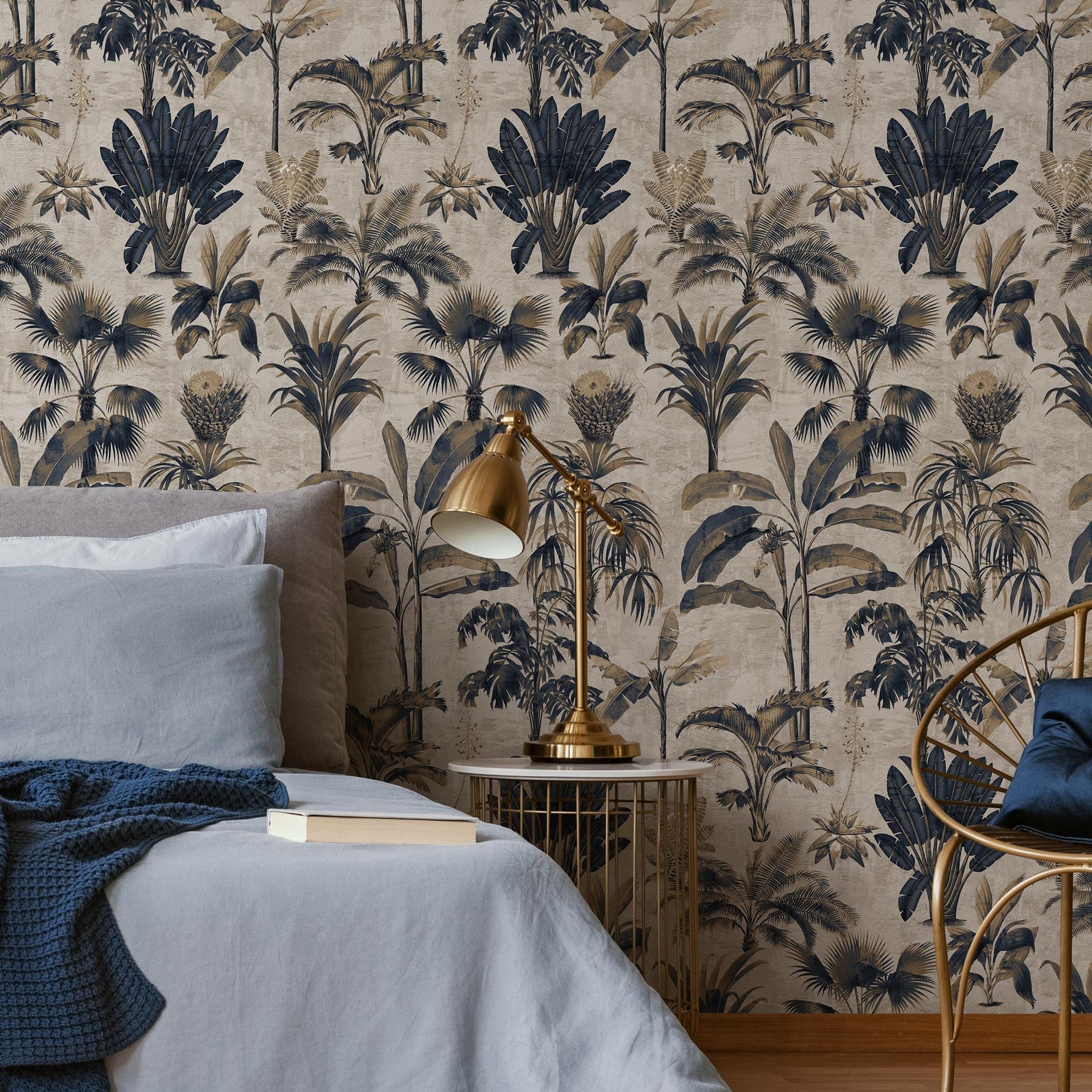 Botanical Wallpaper with Vintage Palm Trees in Navy Blue and Beige - E139 B