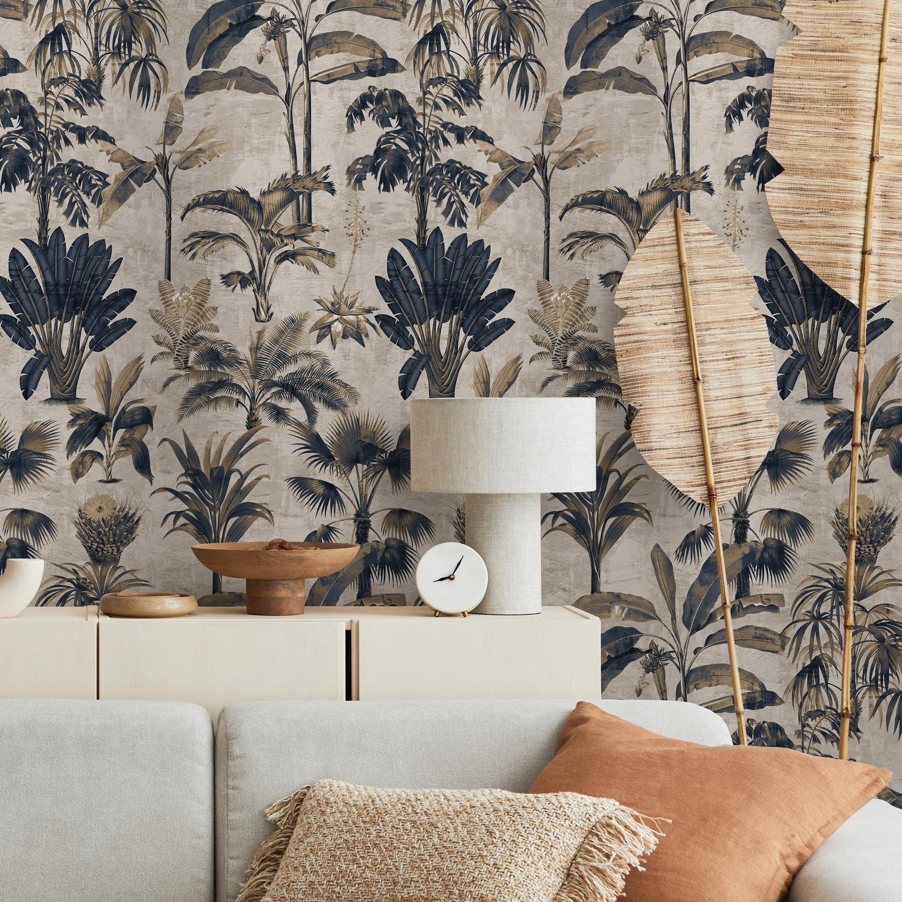 Botanical Wallpaper with Vintage Palm Trees in Navy Blue and Beige - E139 B