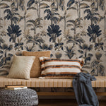 Botanical Wallpaper with Vintage Palm Trees in Navy Blue and Beige - E139 B