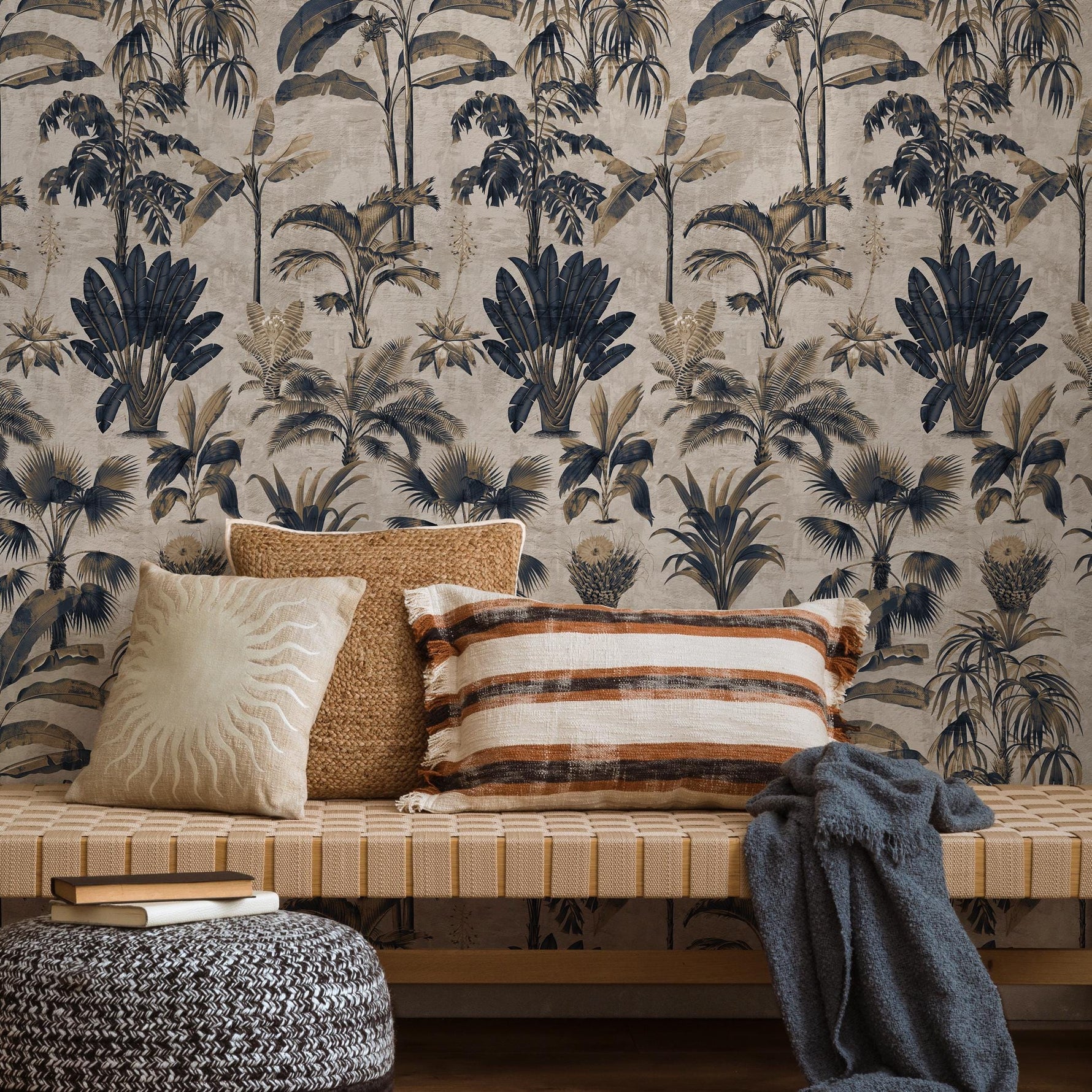 Botanical Wallpaper with Vintage Palm Trees in Navy Blue and Beige - E139 B