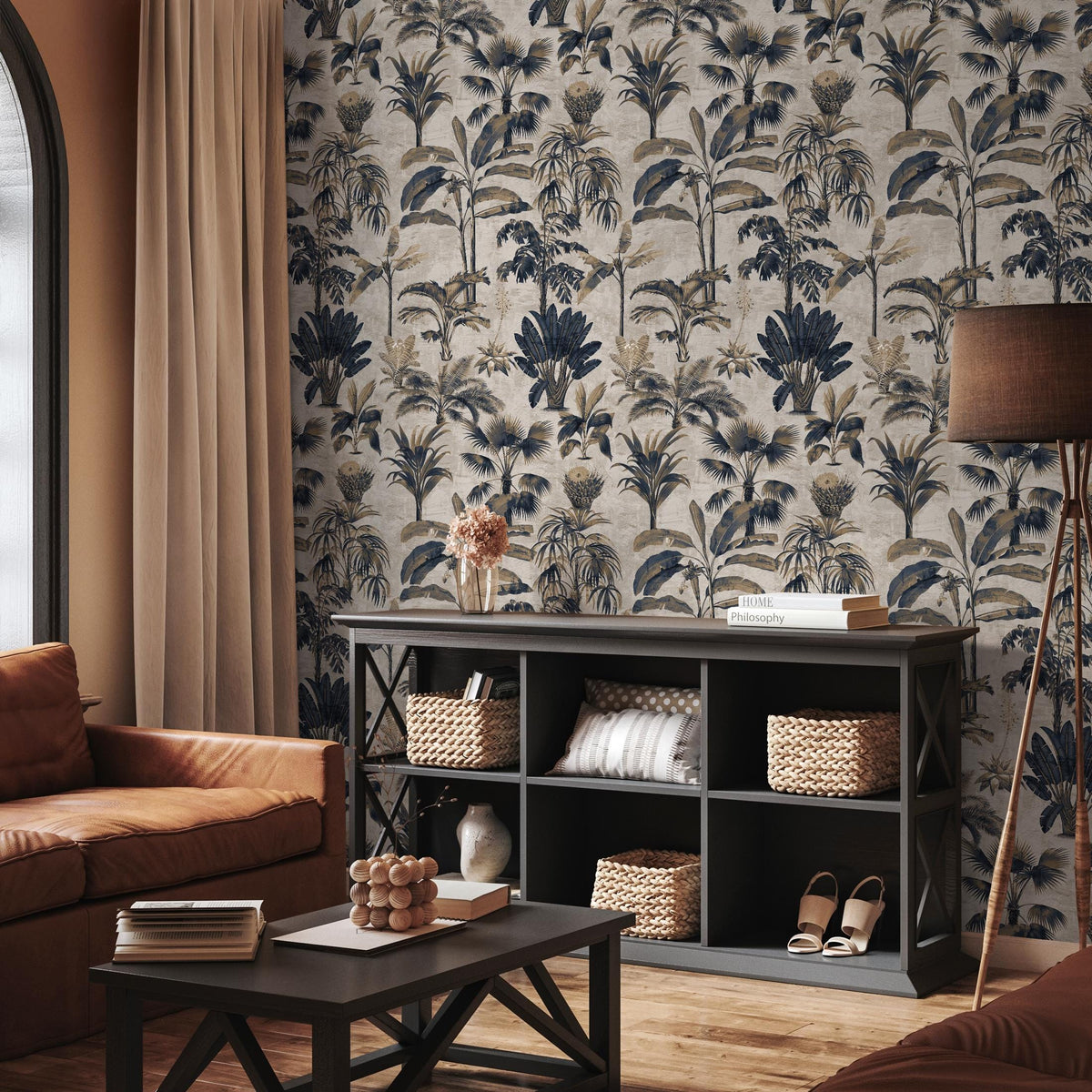 Botanical Wallpaper with Vintage Palm Trees in Navy Blue and Beige - E139 B