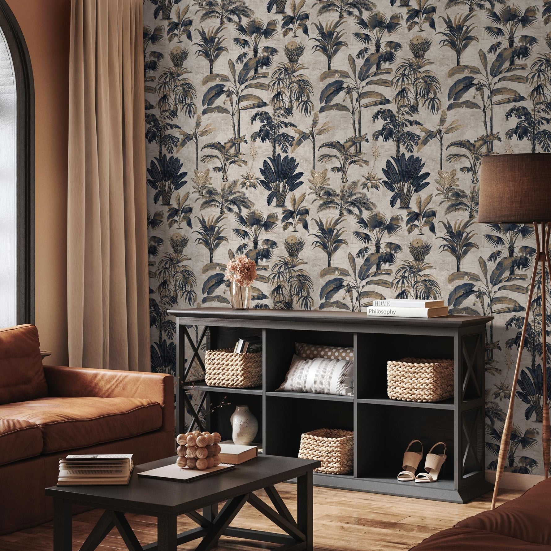 Botanical Wallpaper with Vintage Palm Trees in Navy Blue and Beige - E139 B