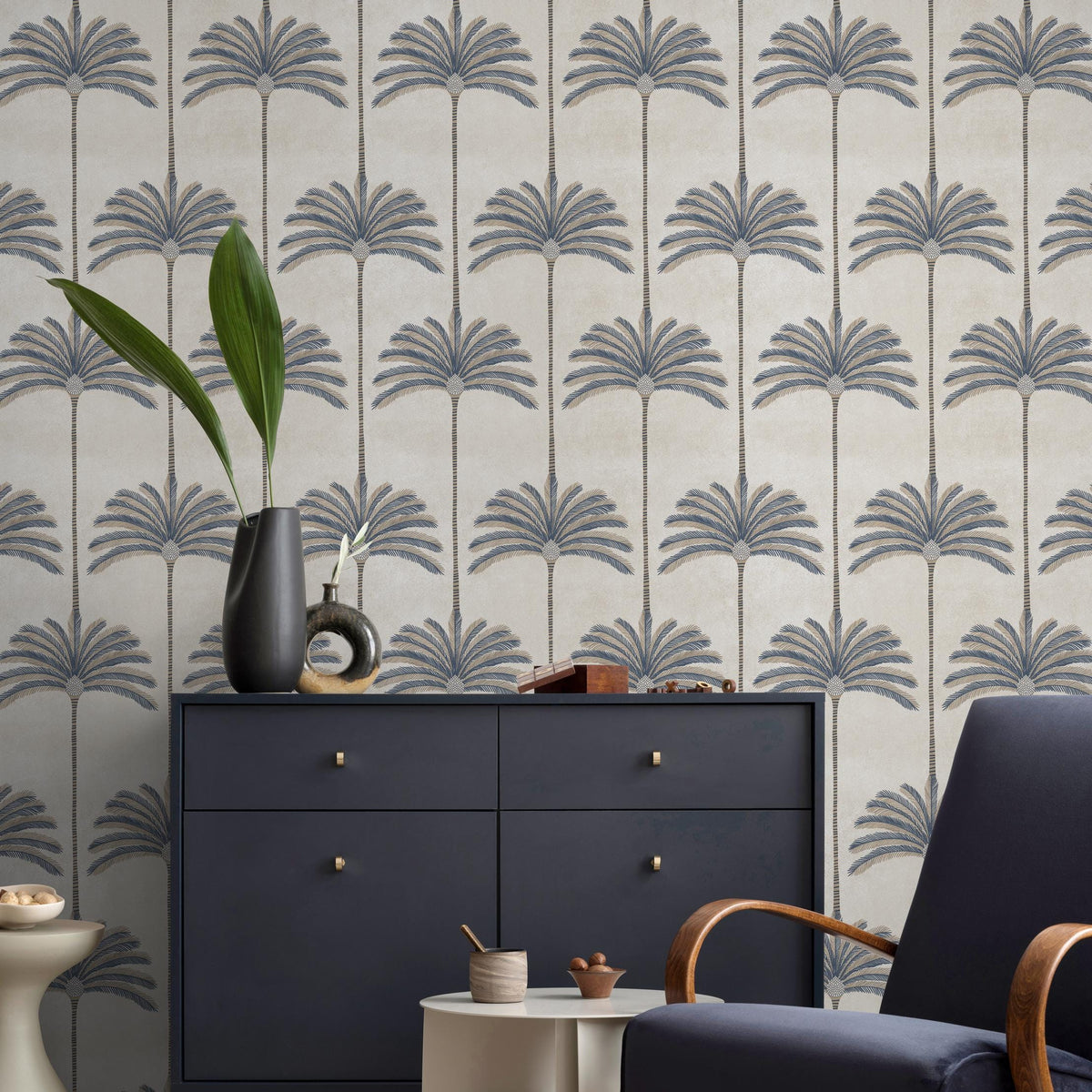 Art Deco Wallpaper with Stylized Palm Trees in Blue and Beige - E141 C