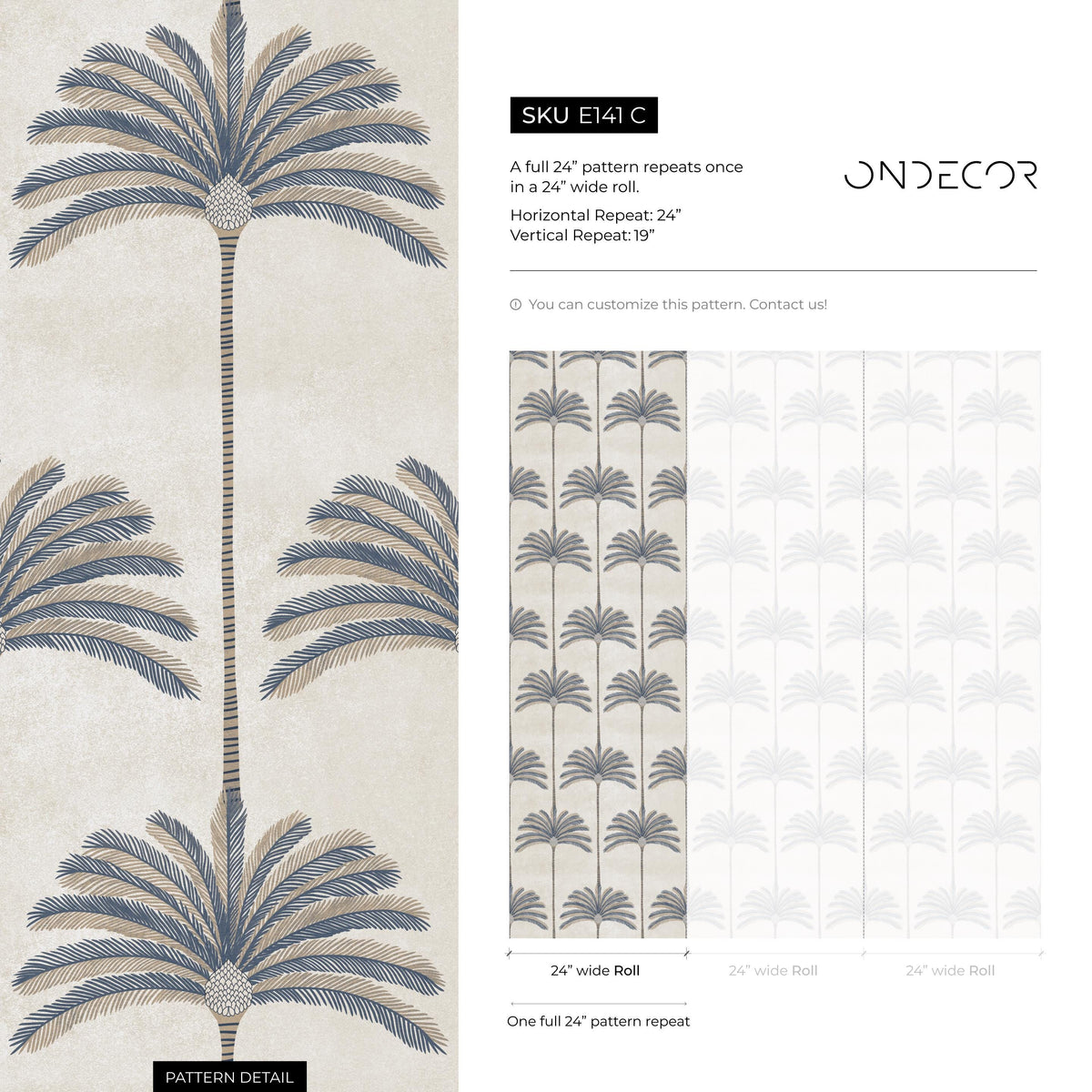 Art Deco Wallpaper with Stylized Palm Trees in Blue and Beige - E141 C