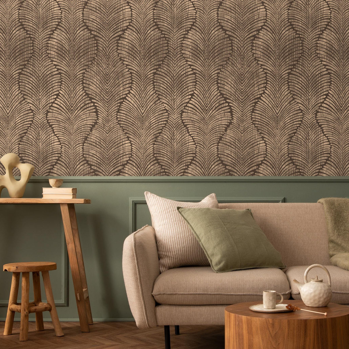 Art Deco Wallpaper with Wavy Palm Leaves in Brown and Beige - E132 A