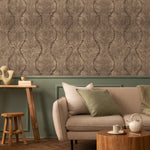 Art Deco Wallpaper with Wavy Palm Leaves in Brown and Beige - E132 A