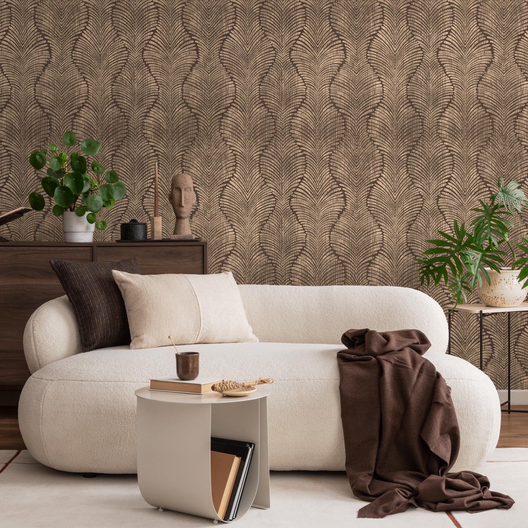 Art Deco Wallpaper with Wavy Palm Leaves in Brown and Beige - E132 A