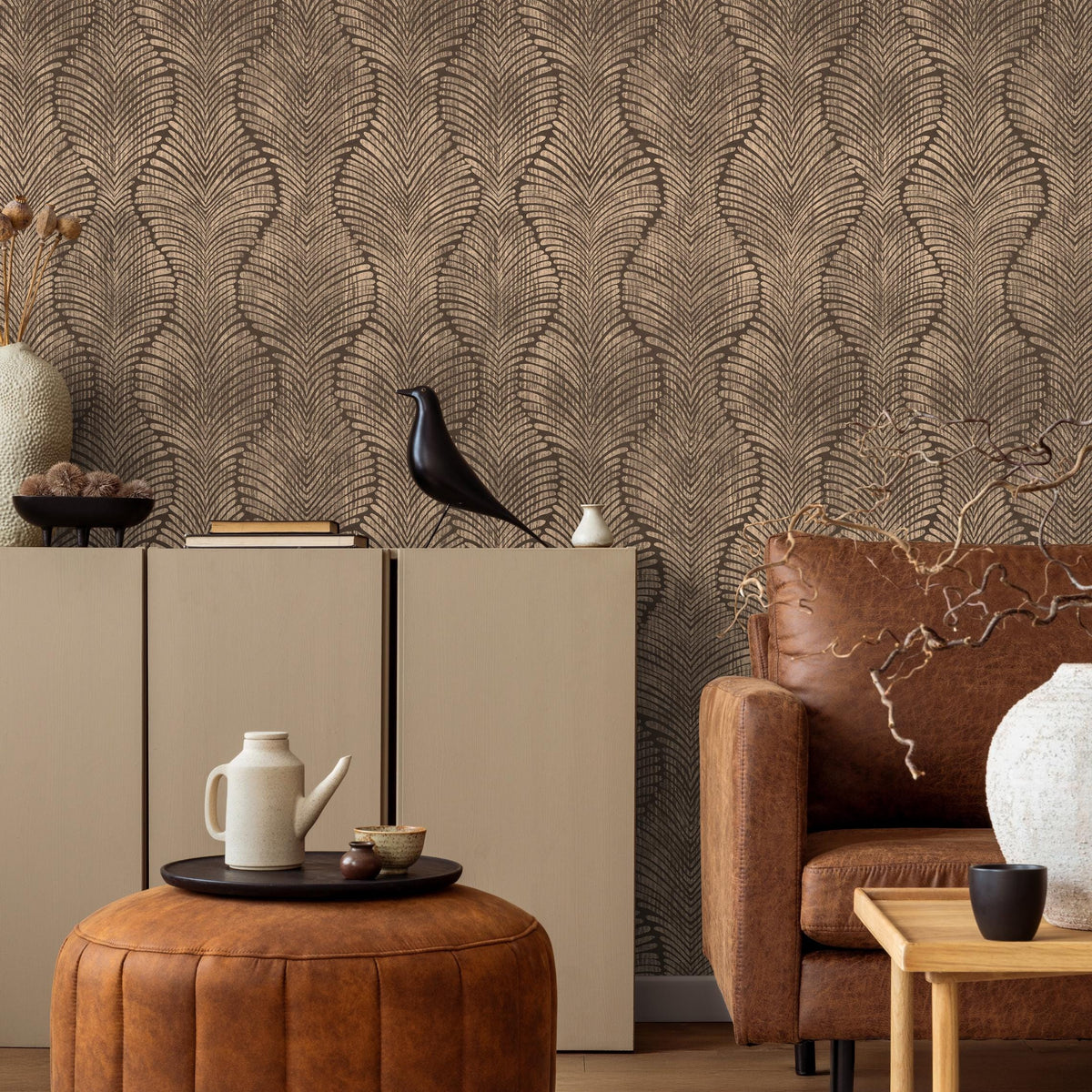 Art Deco Wallpaper with Wavy Palm Leaves in Brown and Beige - E132 A