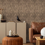 Art Deco Wallpaper with Wavy Palm Leaves in Brown and Beige - E132 A