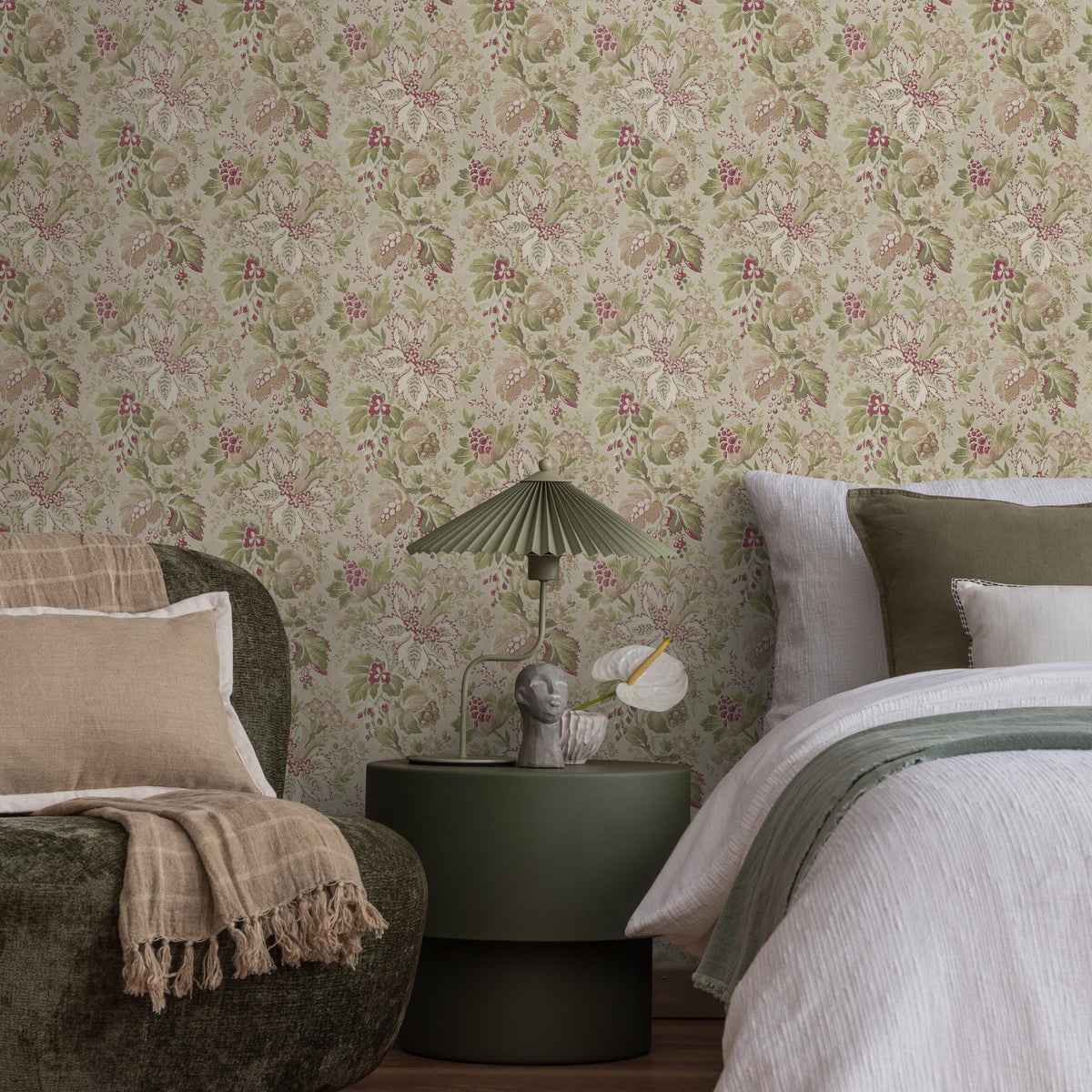 Floral Wallpaper Featuring a Vintage Botanical Print in Green, Pink, and Beige - E134 A