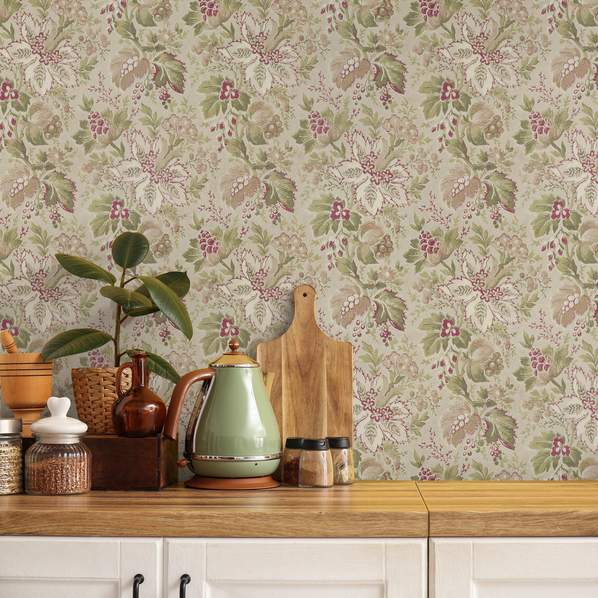 Floral Wallpaper Featuring a Vintage Botanical Print in Green, Pink, and Beige - E134 A