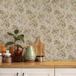 Floral Wallpaper Featuring a Vintage Botanical Print in Green, Pink, and Beige - E134 A