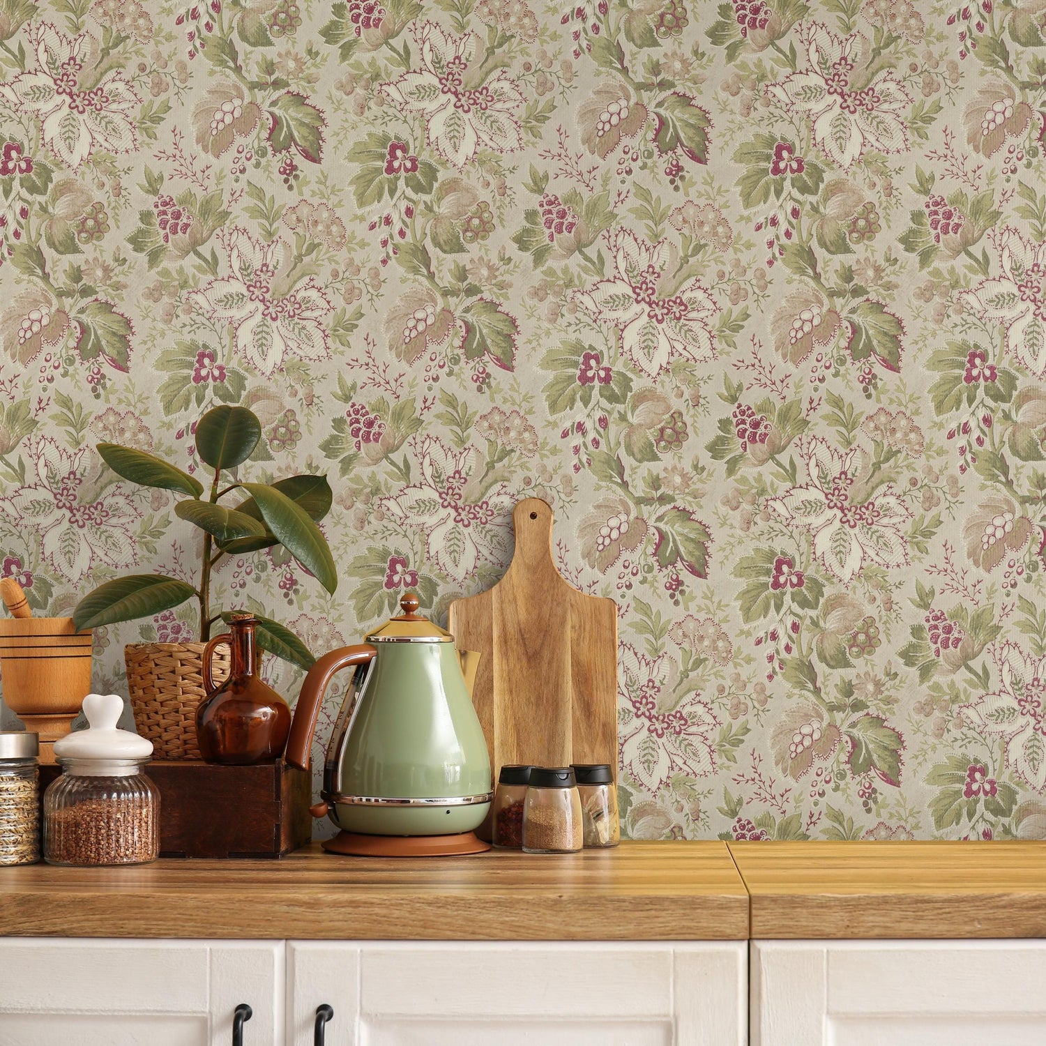 Floral Wallpaper Featuring a Vintage Botanical Print in Green, Pink, and Beige - E134 A