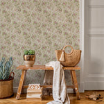 Floral Wallpaper Featuring a Vintage Botanical Print in Green, Pink, and Beige - E134 A