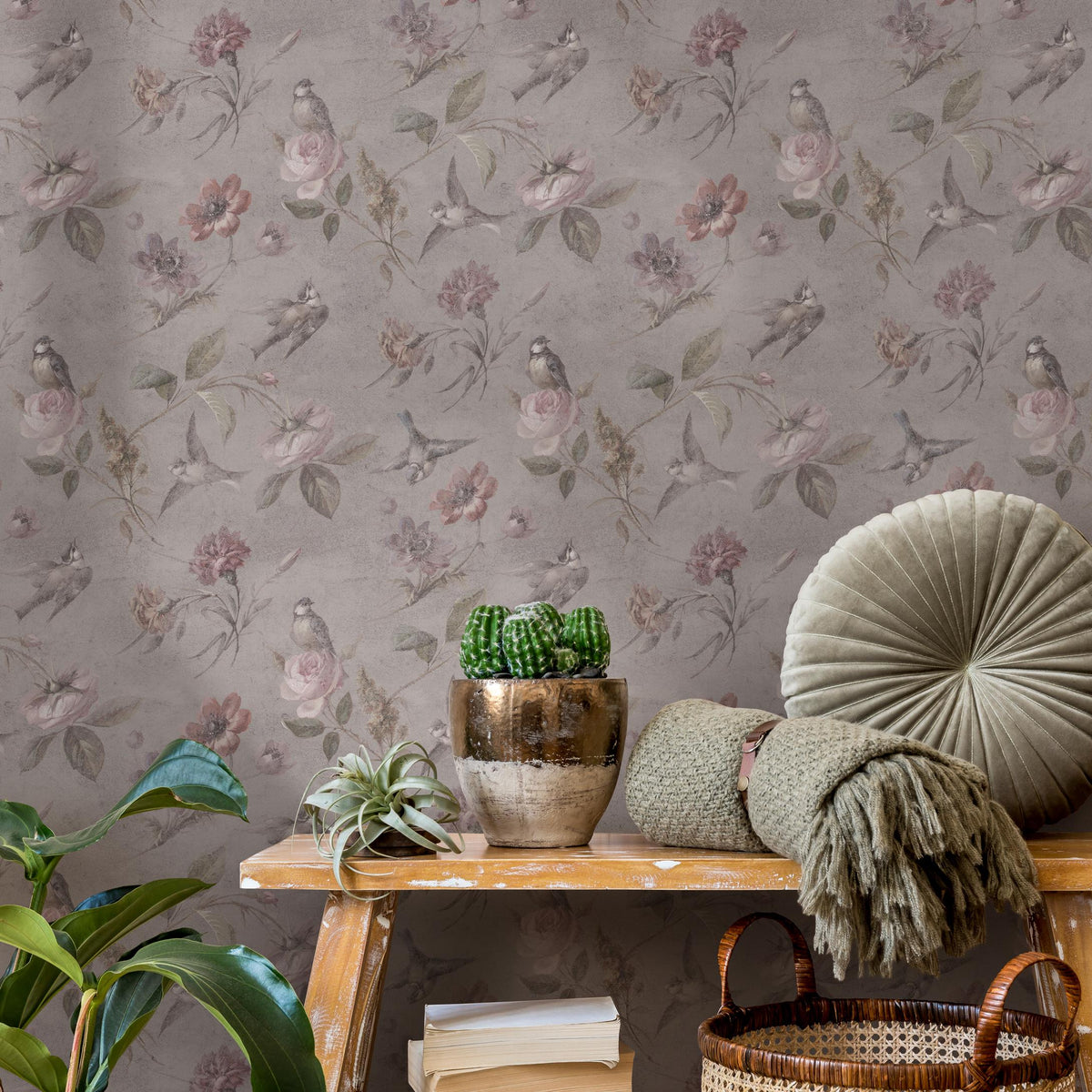 Vintage Wallpaper with Birds and Roses in Taupe and Pink - E136