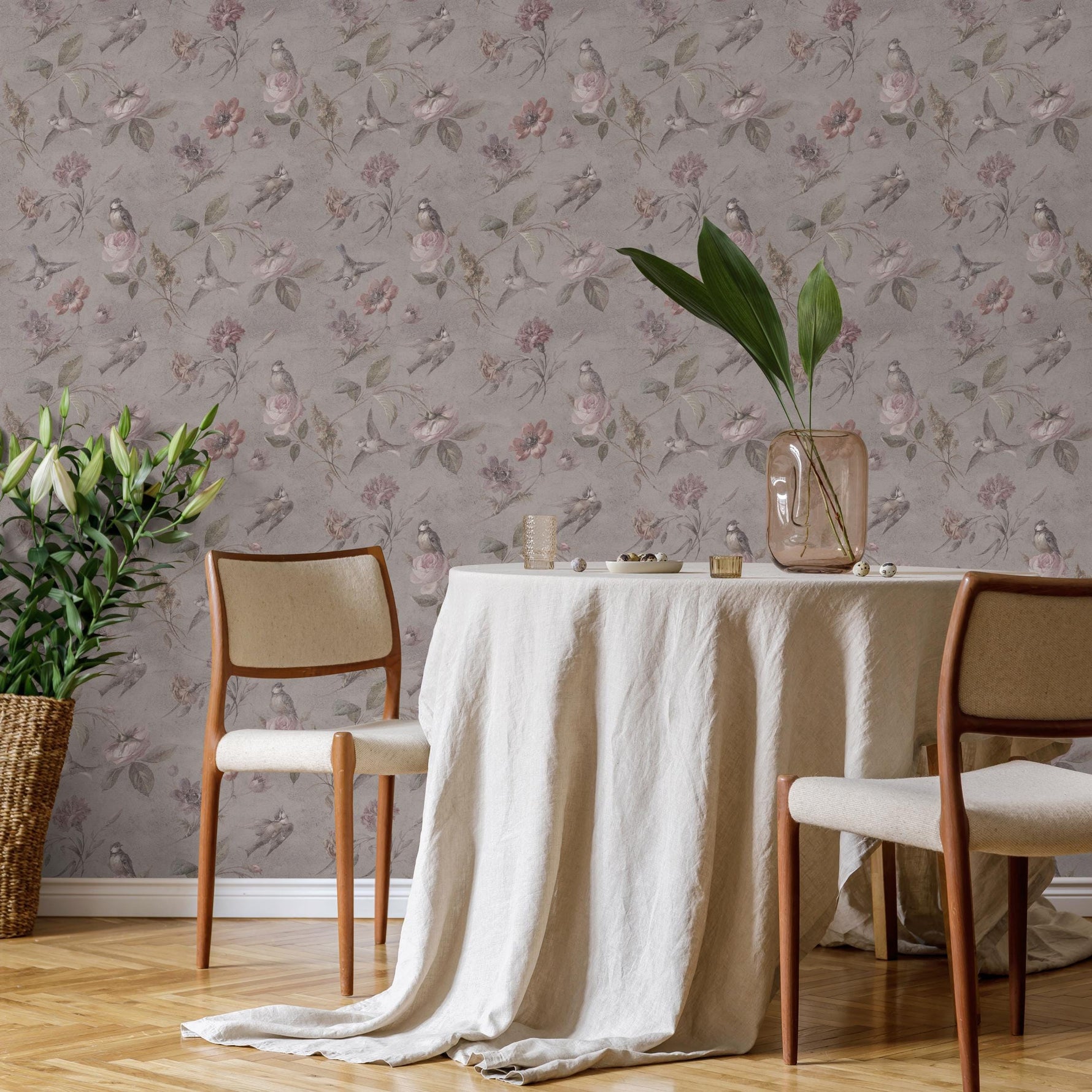 Vintage Wallpaper with Birds and Roses in Taupe and Pink - E136