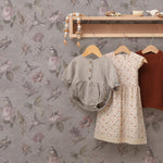 Vintage Wallpaper with Birds and Roses in Taupe and Pink - E136