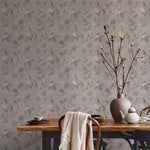 Vintage Wallpaper with Birds and Roses in Taupe and Pink - E136