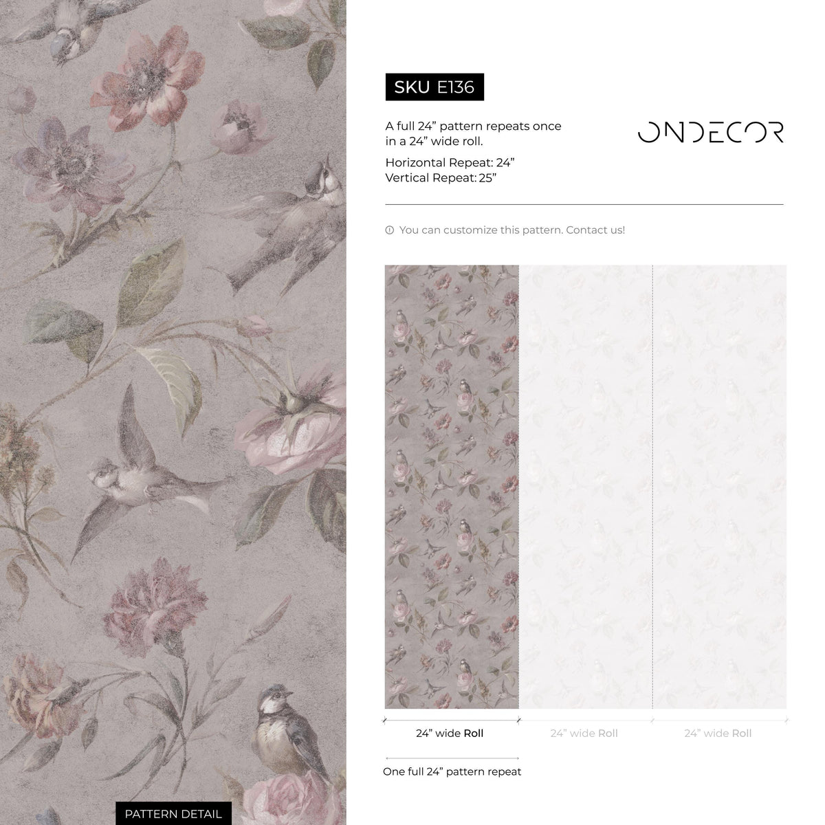 Vintage Wallpaper with Birds and Roses in Taupe and Pink - E136