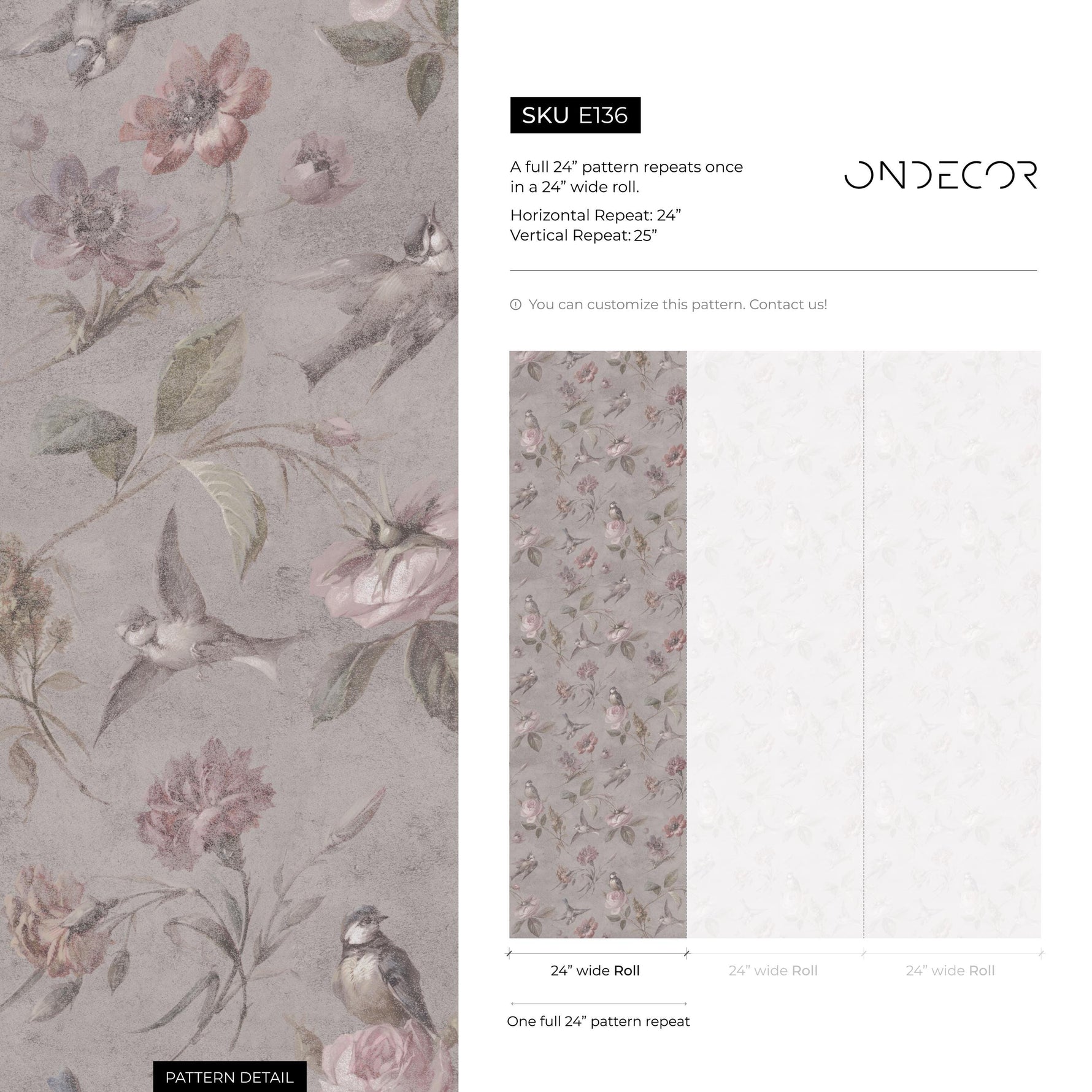 Vintage Wallpaper with Birds and Roses in Taupe and Pink - E136