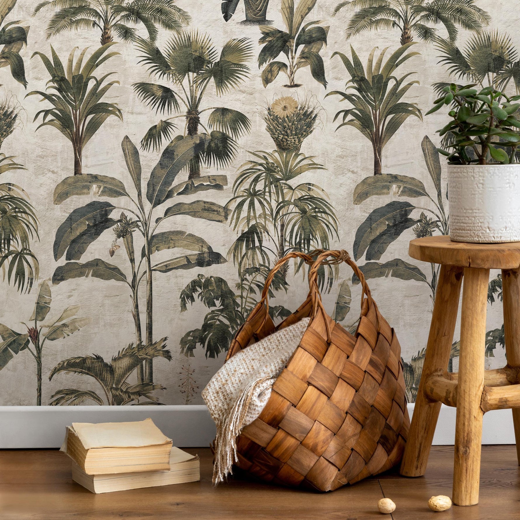 Botanical Wallpaper with Vintage Palm Trees in Green and Gray - E140 A